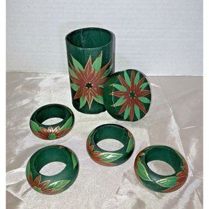 Set 4 Hand Painted Wooden Napkin Rings Green Red Poinsettias Christmas Decor